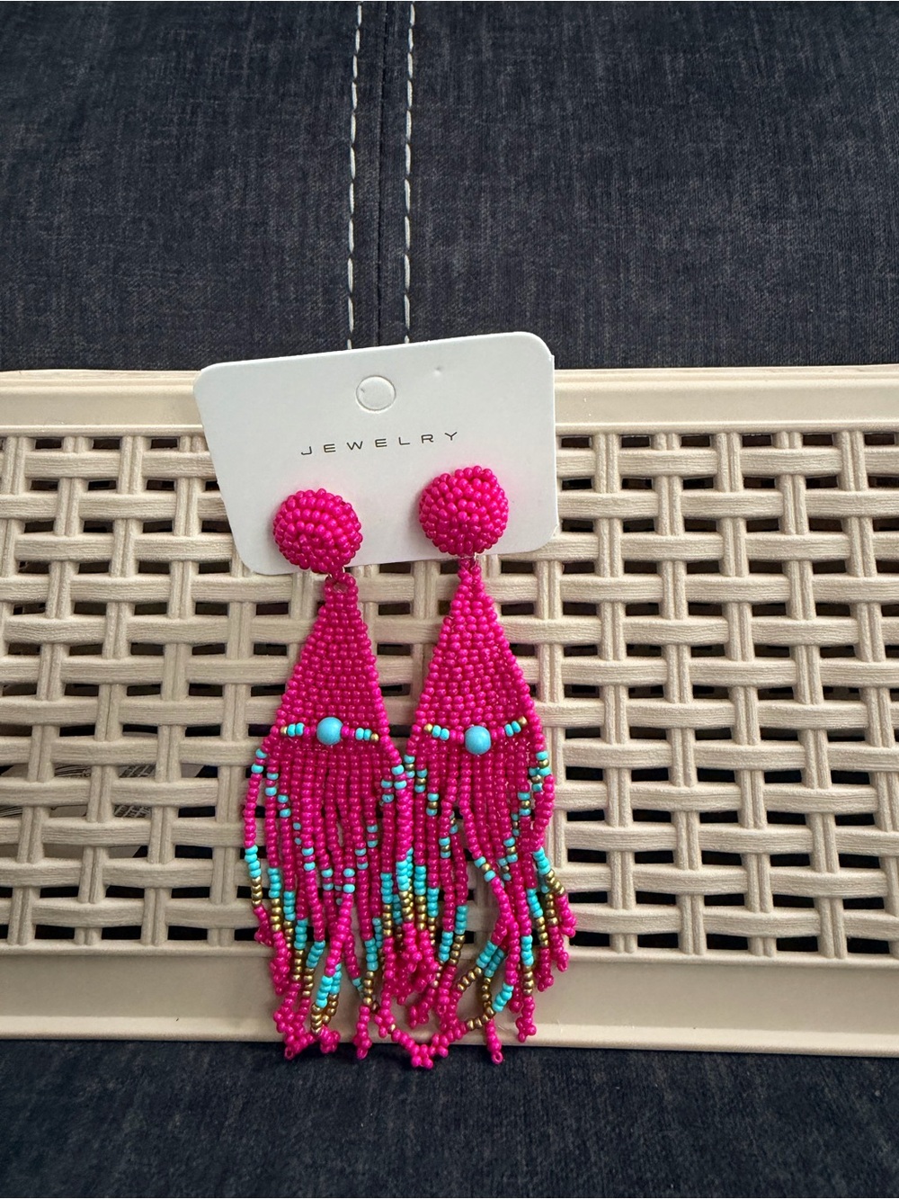 Hot Pink Beaded Fringe Drop Earrings -